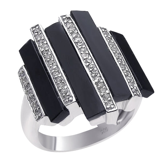 Sterling Silver 925 Rhodium Plated Multiple Onyx Clear CZ Bars Ring Sizes 5-9