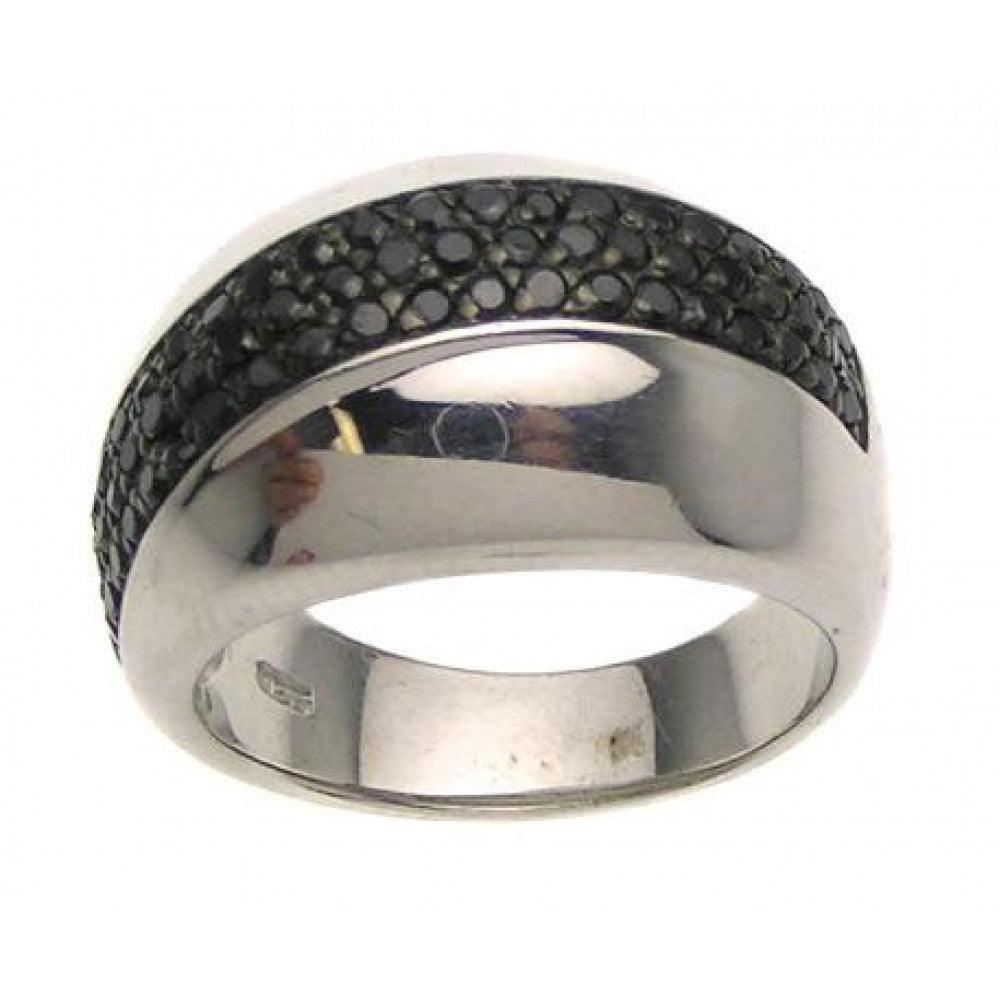 Rhodium Plated Sterling Silver 925 Ring Black CZ Inlay Polished Band Sizes 5-8