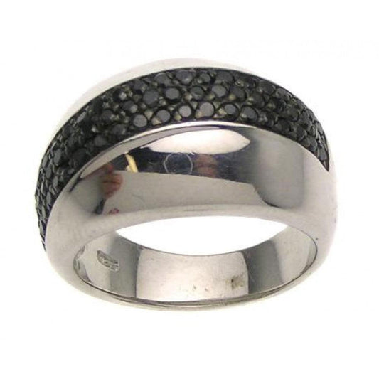 Rhodium Plated Sterling Silver 925 Ring Black CZ Inlay Polished Band Sizes 5-8