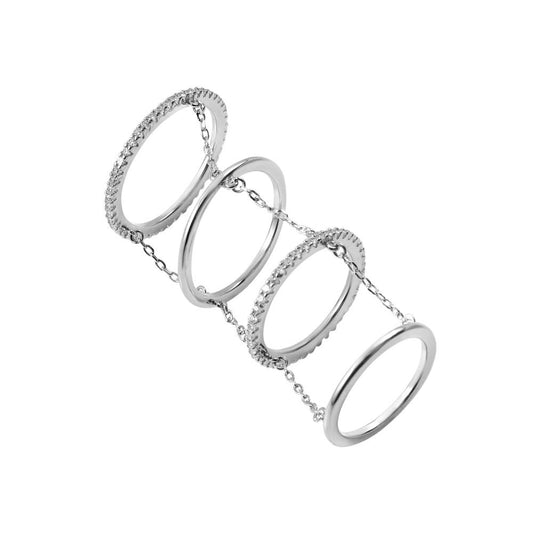 Rhodium Plated Sterling Silver 925 4-Band Chain Ring Clear CZ Accents Sizes 6-8