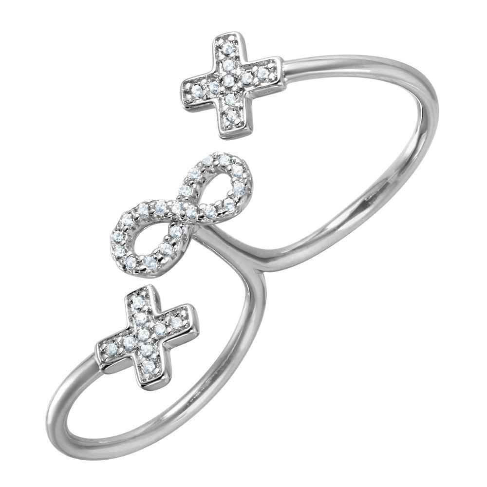 Rhodium Plated Sterling Silver 925 Crosses Infinity CZ Two-Finger Ring Sizes 5-9