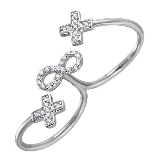 Rhodium Plated Sterling Silver 925 Crosses Infinity CZ Two-Finger Ring Sizes 5-9