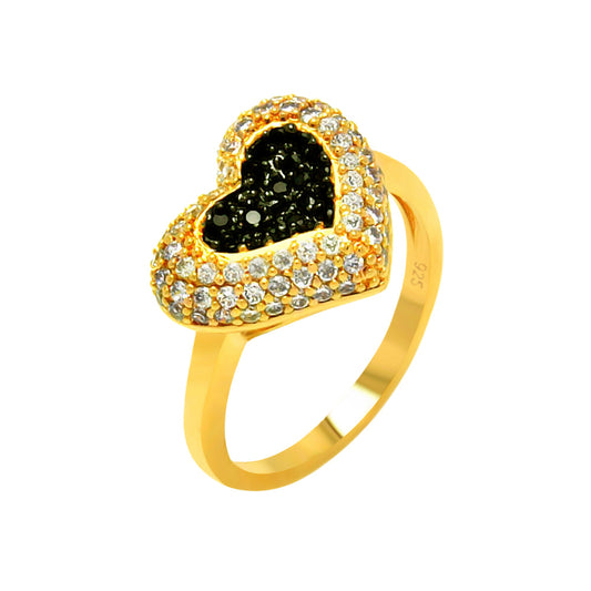 Sterling Silver 925 Gold Plated Clear & Black CZ Heart Fashion Ring Sizes 5-9