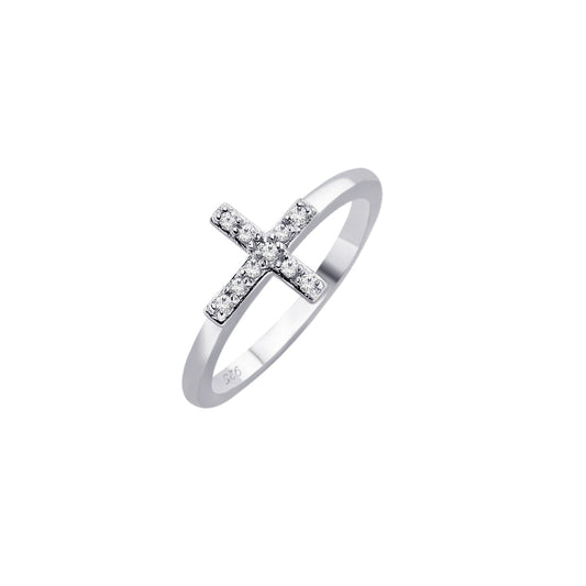 Rhodium Plated Sterling Silver 925 Clear CZ Mini Cross Ring Faith Band Sizes 5-9