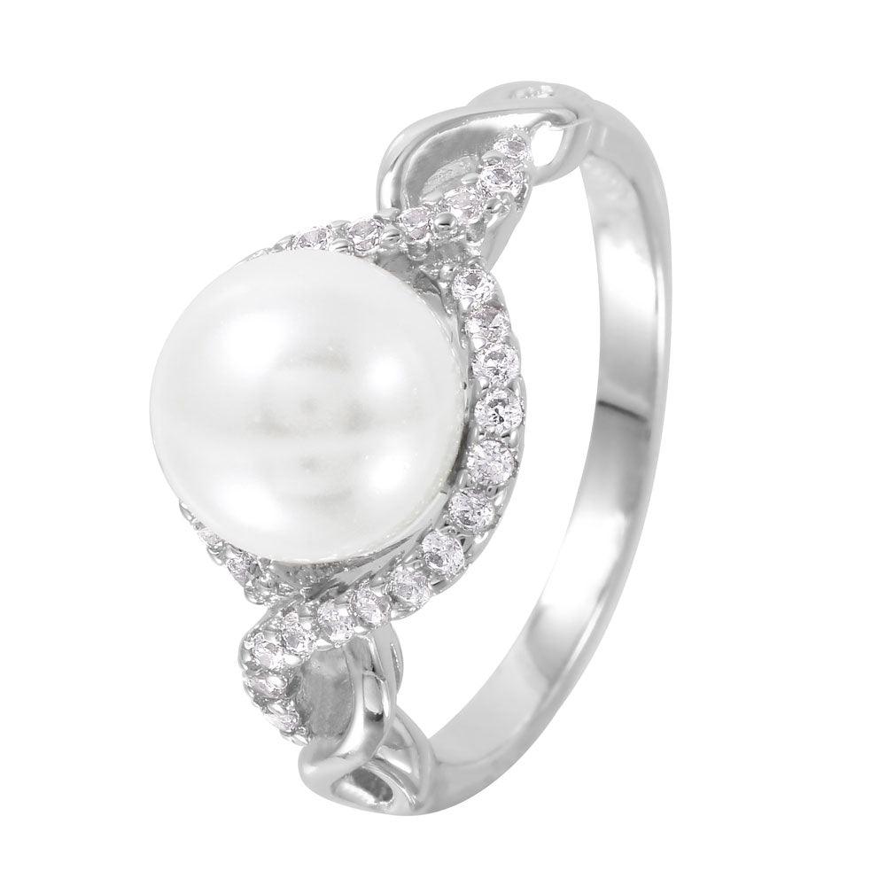 Rhodium Plated Sterling Silver 925 CZ Accented Simulated Pearl Ring Sizes 5-9