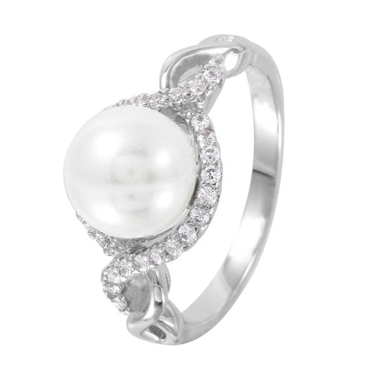Rhodium Plated Sterling Silver 925 CZ Accented Simulated Pearl Ring Sizes 5-9