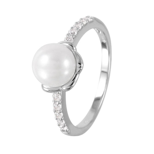 Rhodium Plated Sterling Silver 925 Simulated Pearl CZ Accent Ring Band Sizes 5-9