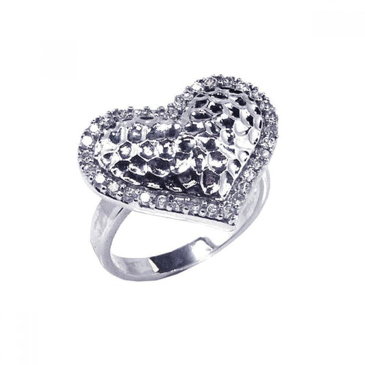 Rhodium Plated Sterling Silver 925 Clear CZ Textured Heart Ring Band Sizes 5-9