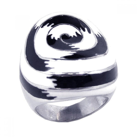 Rhodium Plated Sterling Silver 925 Black White Enamel Spiral Dome Ring Sizes 5-9