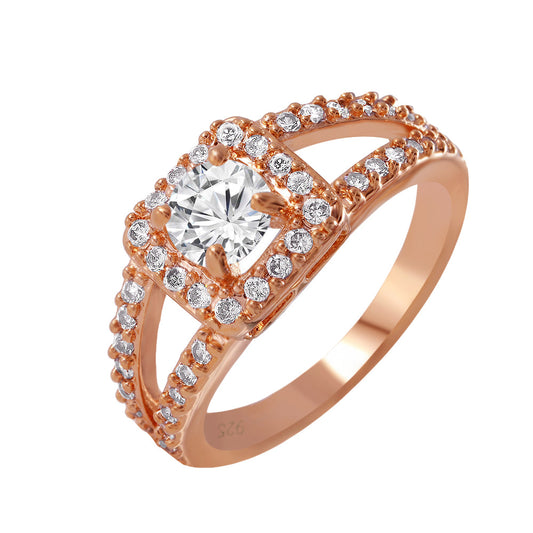 Polished Rose Gold Plated Sterling Silver 925 Clear CZ Ring Halo Band Sizes 5-9