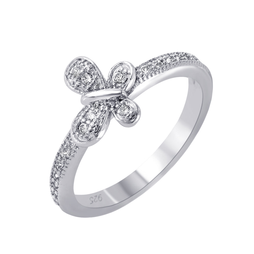 Rhodium Plated Sterling Silver 925 Clear Pave Set CZ Butterfly Ring Sizes 5-9