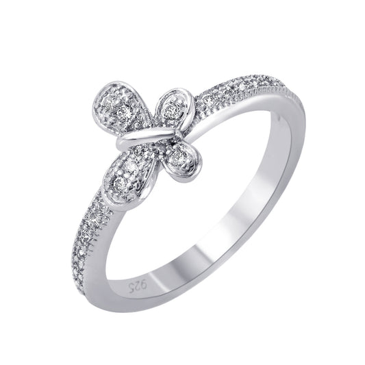 Rhodium Plated Sterling Silver 925 Clear Pave Set CZ Butterfly Ring Sizes 5-9