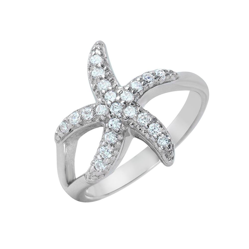 Rhodium Plated Sterling Silver 925 Clear CZ Starfish Ring Beach Band Sizes 5-9