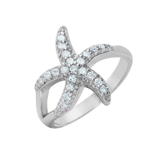 Rhodium Plated Sterling Silver 925 Clear CZ Starfish Ring Beach Band Sizes 5-9