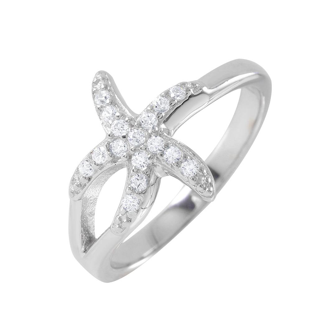 Rhodium Plated Sterling Silver 925 Clear CZ Starfish Ring Beach Band Sizes 5-9