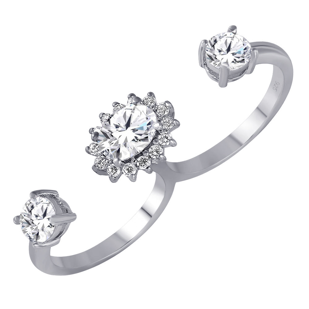Rhodium Plated Sterling Silver 925 Clear CZ Two Finger Cuff Ring Band Sizes 5-9