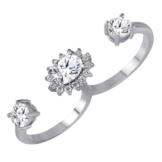 Rhodium Plated Sterling Silver 925 Clear CZ Two Finger Cuff Ring Band Sizes 5-9