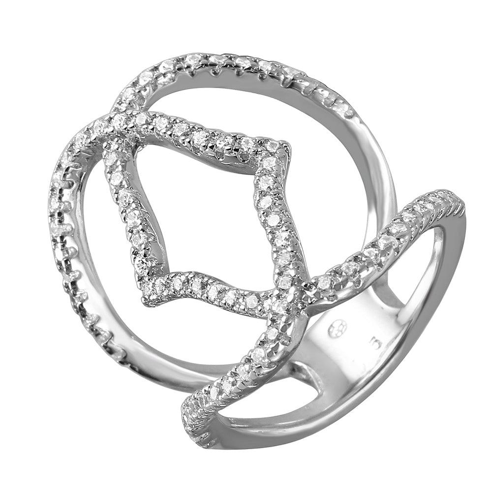 Rhodium Plated Sterling Silver 925 Abstract Ring Clear CZ Band Sizes 5-9