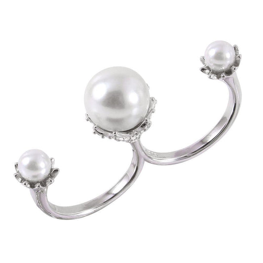 Rhodium Plated Sterling Silver Two Finger Cuff Ring Simulated Pearls Sizes 6-8