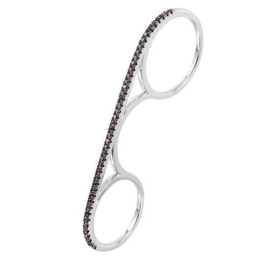 Rhodium Plated Sterling Silver 925 Two-Finger Cuff Black CZ Ring Band Sizes 8-8