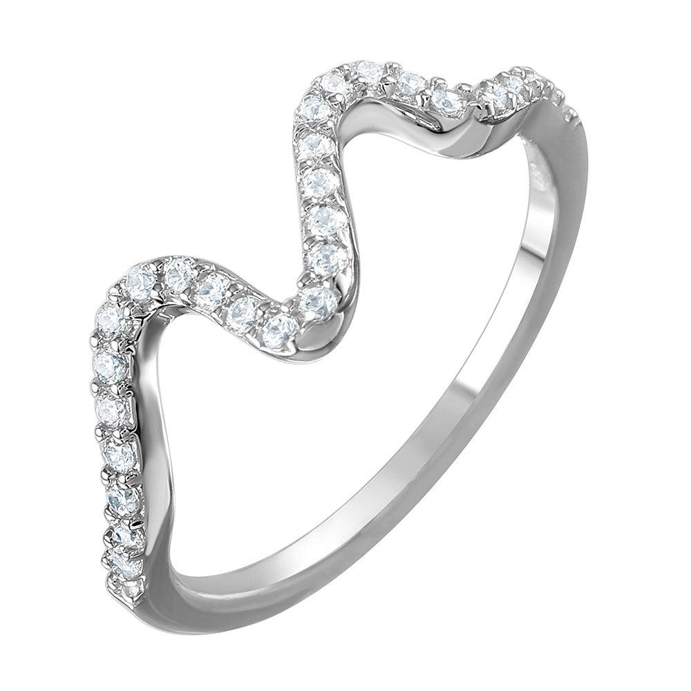 Rhodium Plated Sterling Silver 925 Thin Wavy Clear CZ Inlay Ring Band Sizes 5-9