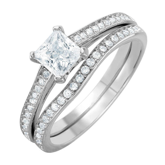 Rhodium Plated Sterling Silver 925 Thin Clear CZ Bridal Ring Band Sizes 5-9