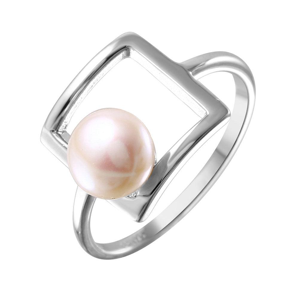 Sterling Silver 925 Rhodium Plated Open Square Simulated Pearl Ring Sizes 5-9
