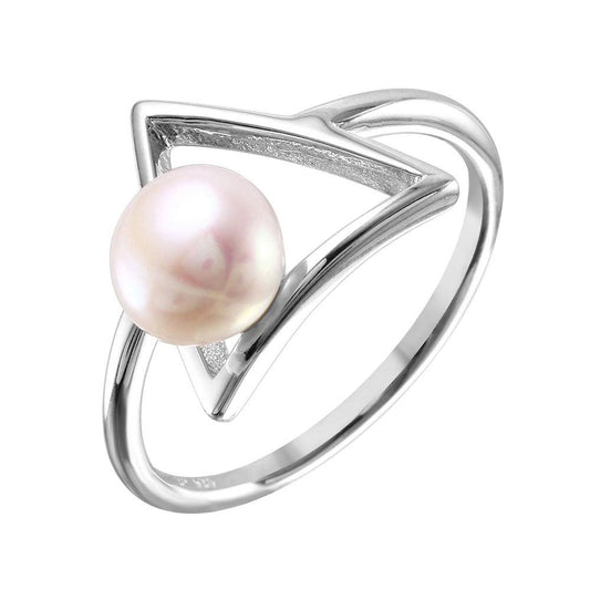 Sterling Silver 925 Rhodium Plated Open Triangle Simulated Pearl Ring Sizes 5-9