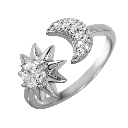 Rhodium Plated Sterling Silver 925 Sun Moon Adjustable Ring CZ Band Sizes 5-9