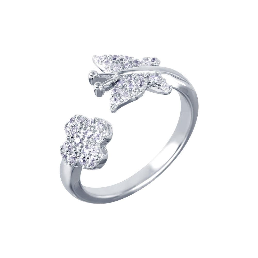 Rhodium Plated Sterling Silver 925 Butterfly Flower Open Ring CZ Band Sizes 5-9