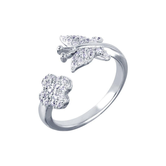 Rhodium Plated Sterling Silver 925 Butterfly Flower Open Ring CZ Band Sizes 5-9