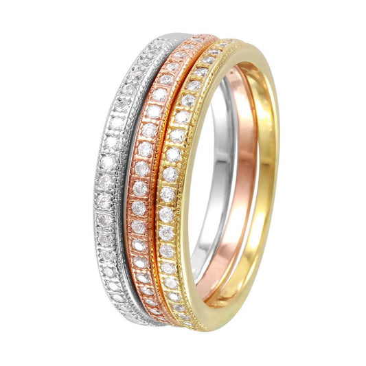 Rhodium Plated Sterling Silver 925 Tri Color Stackable Rings Band Sizes 5-9