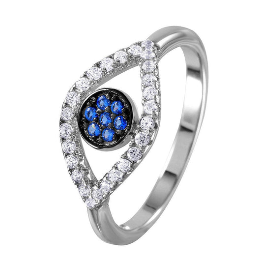 Rhodium Plated Sterling Silver 925 Open Evil Eye Ring Blue Band Sizes 5-9