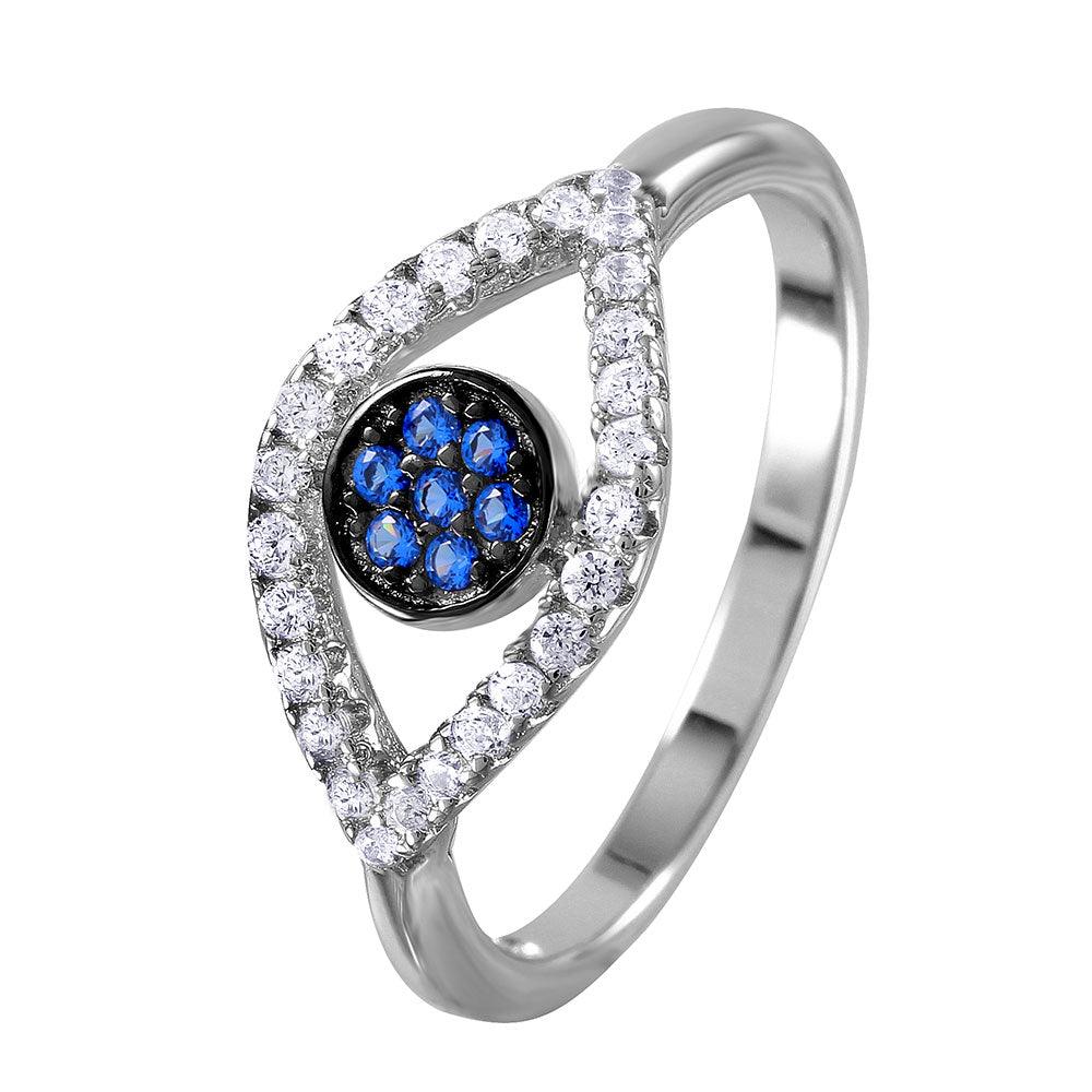 Rhodium Plated Sterling Silver 925 Open Evil Eye Ring Blue Band Sizes 5-9