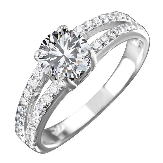 Rhodium Plated Sterling Silver 925 Split shank Clear CZ Center Ring Sizes 5-9
