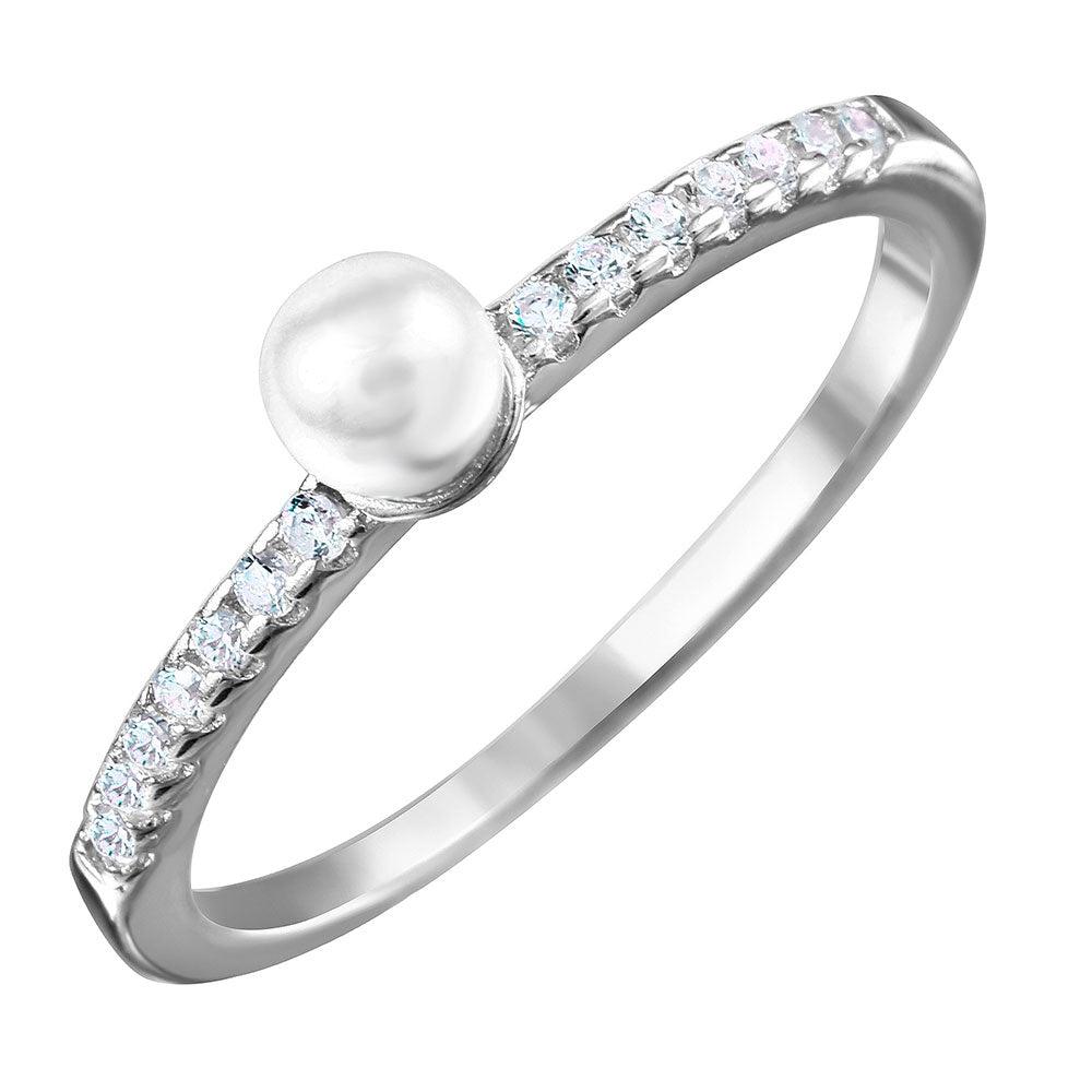 Rhodium Plated Sterling Silver 925 Simulated Pearl Ring Cubic Zirconia Sizes 5-9