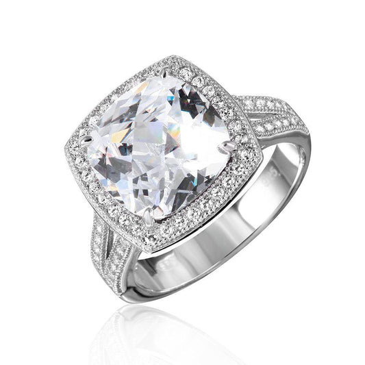 Rhodium Plated Sterling Silver 925 Square Halo Clear CZ Ring Band Sizes 5-9