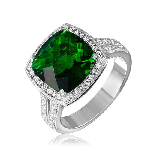 Rhodium Plated Sterling Silver 925 Square Halo Green CZ Ring Band Sizes 5-9