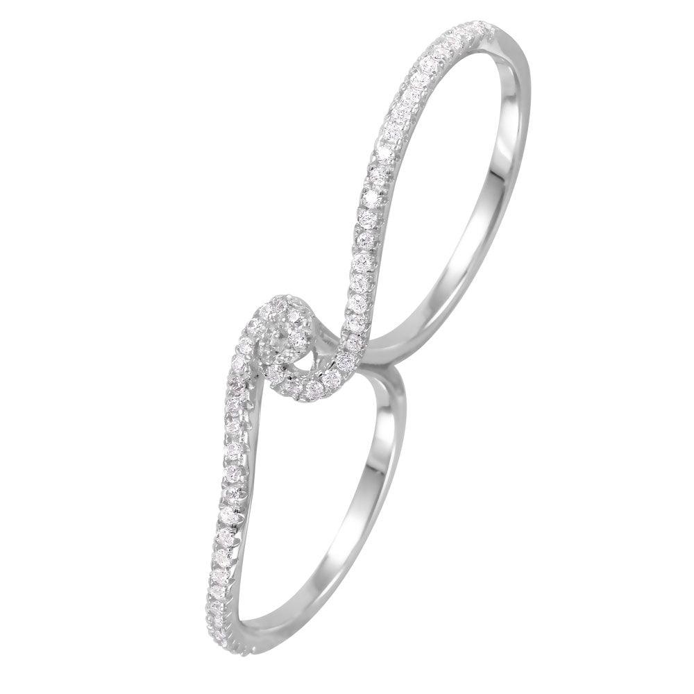 Rhodium Plated Sterling Silver 925 CZ Two-Finger Handcuff Ring Band Sizes 5-9