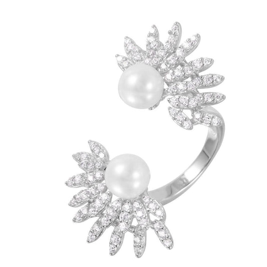 Rhodium Plated Sterling Silver 925 Simulated Pearl Burst Open CZ Ring Sizes 6-8