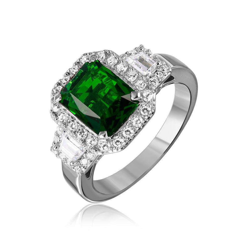 Rhodium Plated Sterling Silver 925 Green Emerald-Cut CZ Ring Band Sizes 5-9