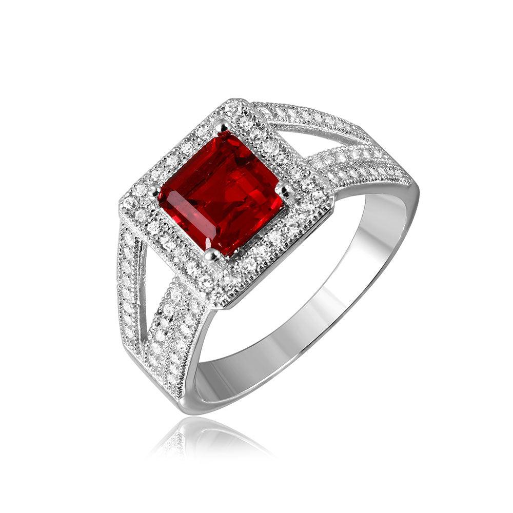 Rhodium Plated Sterling Silver 925 Red Square Halo Micro Pave CZ Ring Sizes 5-9