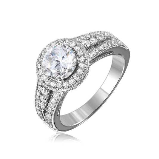 Rhodium Plated Sterling Silver 925 Halo Ring CZ Split Shank Band Sizes 5-9