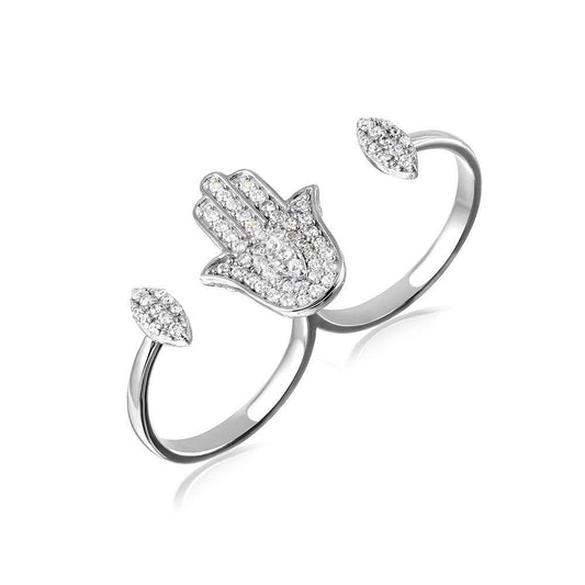 Rhodium Plated Sterling Silver 925 CZ Hamsa Handcuff Double Ring Band Sizes 8-8