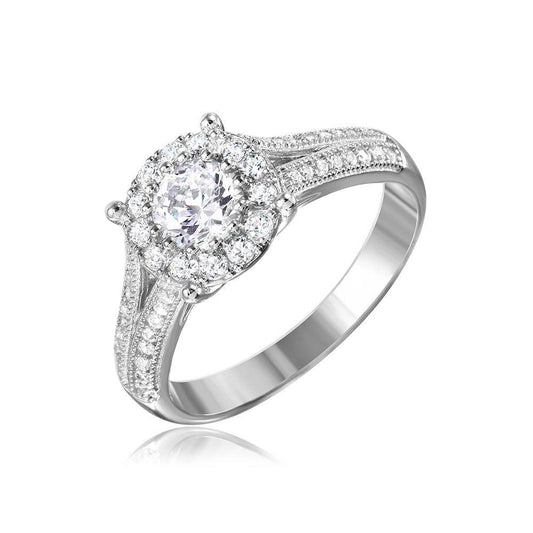 Rhodium Plated Sterling Silver 925 Halo Ring Encrusted Micro Pave CZ Sizes 5-9