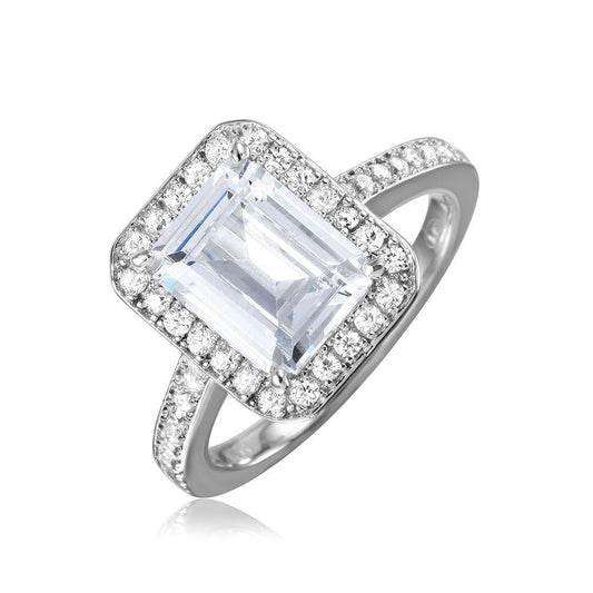 Polished Rhodium Plated Sterling Silver 925 Emerald-Cut Halo Ring Band Sizes 5-9