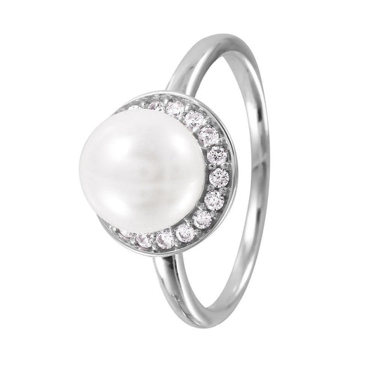 Rhodium Plated Sterling Silver 925 Band Simulated Pearl CZ Halo Ring Sizes 5-9