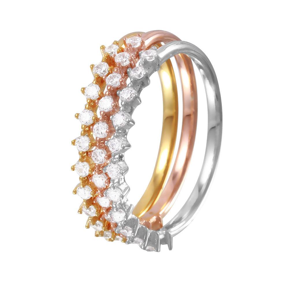 Rhodium Plated Sterling Silver 925 Tri-Color Stackable CZ Ring Band Sizes 5-9