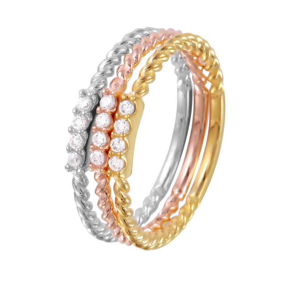 Rhodium Plated Sterling Silver 925 Tri-Color Stackable CZ Inlay Ring Sizes 5-9