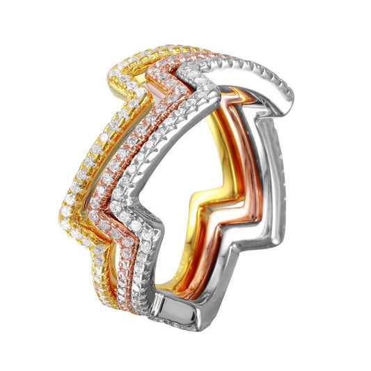 Multi-Plated Sterling Silver 925 Three Piece Zig-Zag Stackable CZ Ring Sizes 5-9
